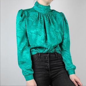Vintage Turquoise High Neck Blouse, Size Small